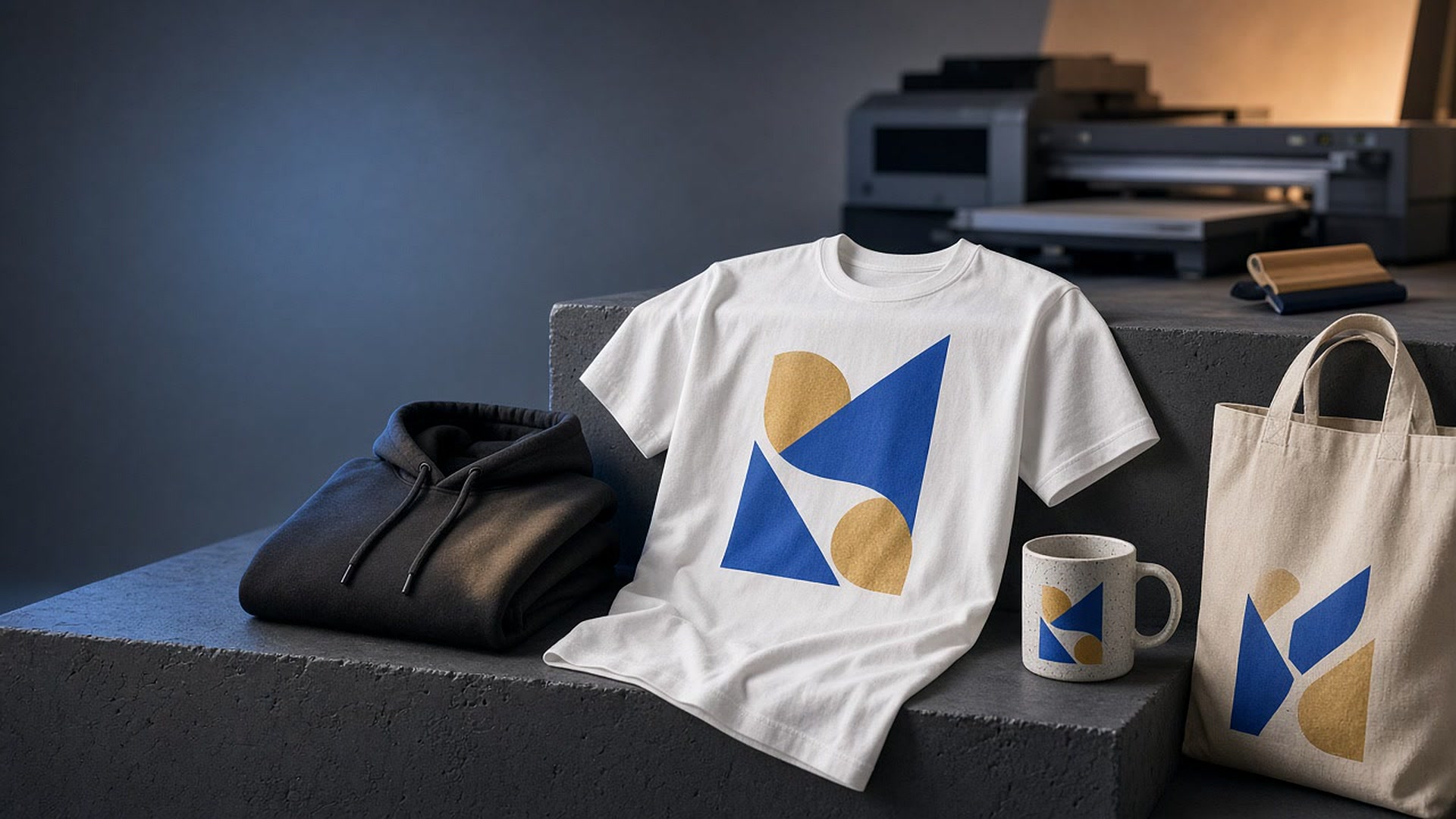 Print-on-demand studio still — tee, hoodie, mug and tote with a matching geometric print